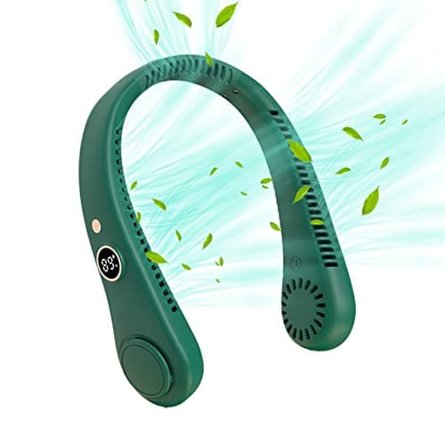 Uotory 360° LED Digital Display Portable Neck Fan, USB Wearable Fan 5 Wind Speeds Hanging Leaf Less Portable Outdoor Hanging Neck Lazy Fan (green) (WWJ-614-4)