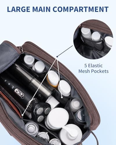 WANDF Toiletry Bag for Men Travel Wash Bag Toiletry Organizer Canvas and PU Leather Dopp Kit Water-Resistant Shaving Kit for Travel Accessories (Brown, Patent Pending) — view 3