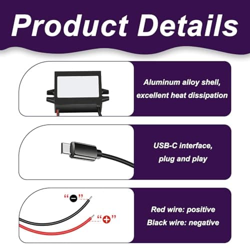 DC 12V 24V to 5V 3A Converter, Voltage Reducer 12V to 5V Car Power Step Down Converter with USB C Adapter, Waterproof DC-DC Buck Voltage Regulator for Car, Truck, Boat, RV, Solar Energy Systems, GPS — view 3