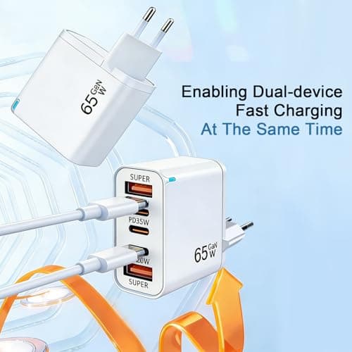 EU Travel Adapter Charger, 65W Power Plug with Multiple Ports, Supports Simultaneous Fast Charging for 2 Devices, with 3 USB-C and 2 USB-A Ports, European Wall Plug, for iPhone/Samsung Fast Charging — view 5