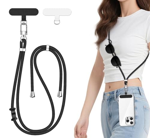 ivoler Crossbody Phone Lanyard Adjustable Neck Strap with Secure Patch Holder, Compatible with Most Smartphones – Durable, Hands-Free, Anti-Theft, Multifunctional with Earbud/Glasses Hook – Black