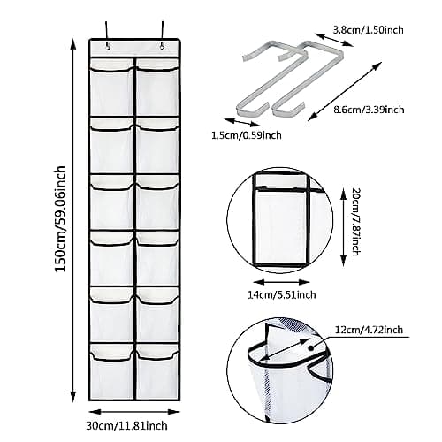 CORTNEY Over the Door Hanging Shoe Storage Holder Organizer, 12 Large Mesh Pockets, 2 Hooks for Shoe & Gadget Storage — view 2