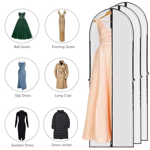 3 Pack Long Dress Covers Garment Storage Bags, 180cmx60cm Wedding Dress Covers for Storage and Travel, Full Length Foldable Washable Clothes Cover with Handles, for Gowns, Coats, Suit Carrier, White — view 3