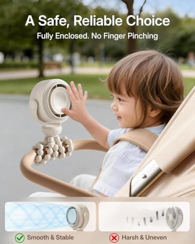 SWEETFULL Portable Pram Fan, Pinch-Proof Baby Stroller Fan, 10H Battery, 5-Speed Quiet Mini Clip on Fan, USB-C Rechargeable with LED Display for Buggy, Car Seat, Crib, Travel Essentials, Beige — view 3