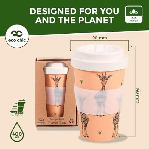ECO CHIC Recycled Travel Coffee Cup 400ml Microwave Dishwasher Safe Plastic Travel Mug (Giraffes Beige) — view 3