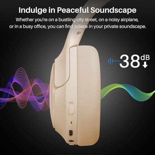 TOZO HT2 Hybrid Active Noise Cancelling Headphones, Wireless Over Ear Bluetooth Headset, 60H Playtime, Hi-Res Audio Custom EQ via App Deep Bass Comfort Fit Ear Cups, for Home Office Travel Khaki — view 3