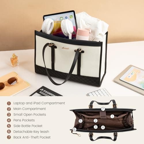 LOVEVOOK 17.3 Inch Laptop Bags for Women, Ladies Handbags for Work Business, Womens Large Tote Bag, Shoulder Bag with Clutch Lightweight for Office Business School College Shopping, Black White — view 4