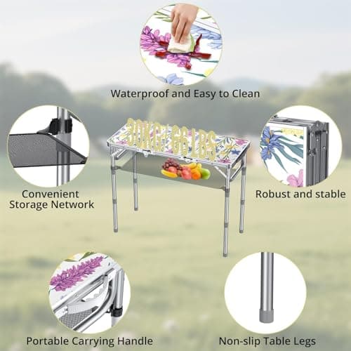 Anbte 3ft Folding Camping Table with Storage Net & bag, 3 Adjustable Height Max 27.5" Outdoor Folding Table Lightweight, Portable Handle for Outdoor Indoor Camping Beach RV Picnic, Blooming Floral — view 5