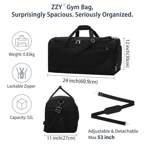 ZZY 52L Mens Sports Gym Bag with Shoe Compartment-24 inch Large Holdall Travel Duffle Bag for Overnight, Fitness - Black — view 3