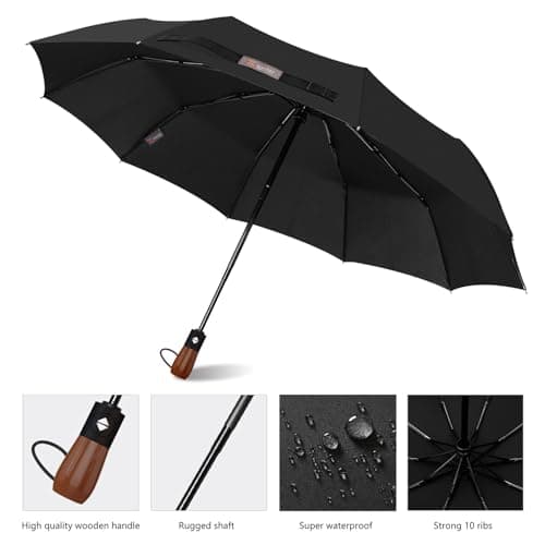 MIKAFEN Umbrella Windproof With Wood Handle - Travel and Automatic, Umbrella Compact for Men and Woman - with 10 Ribs Fiberglass and Compact Rain Protect（Black） — view 3