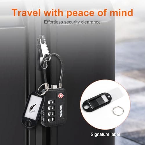 GRIFEMA GA1008 TSA Approved 4-Digit Combination Luggage Lock, Secure Travel Lock with Steel Cable for Suitcases, Backpacks, Gym Lockers - Black — view 3