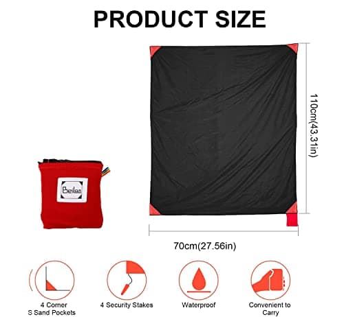 BeiLan Mini Pocket Picnic Blanket Durable Lightweight Waterproof Sand Proof Beach Camping Travel Mat Foldable Thin Ground Sheet for Outdoors Activities (70 * 110cm, Black & Red) — view 2