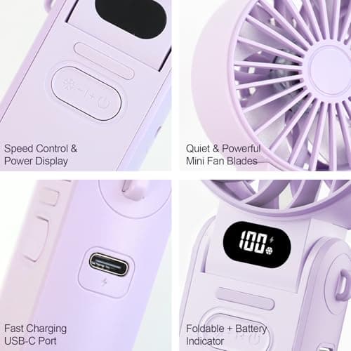 Handheld Fan with Ice Cooler, Portable Mini Fan Rechargeable Battery Operated, 5 Gear Turbo Fan Led Display, Up to 15H Cooling, Foldable Personal Hand Fans for Travel/Commuting/Office/Home (Purple) — view 6