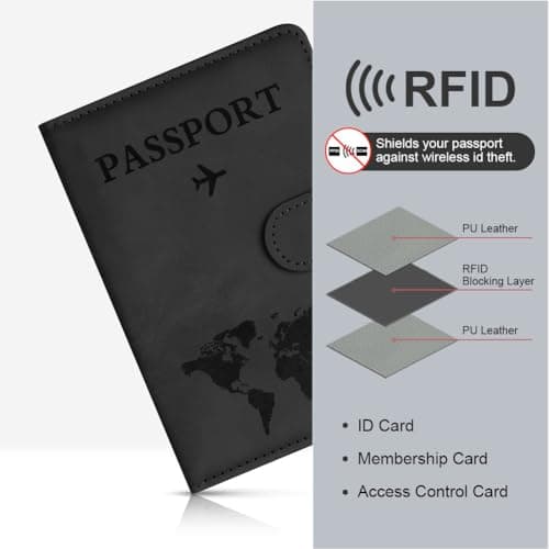 OFFCUP Passport Holder Cover, PU Leather Passport Cover and Luggage Tag Set with RFID Blocking Travel Wallet, Universal Travel Wallet Case Organiser for Money, Boarding Passes, Credit Cards Black — view 5
