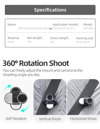 CERFFOOL 360° Rotation Backpack Holder for Insta360 GO 3S GO 3 Shoulder Strap Holder Spring Clip Anti-Shake Anti-Fall Action Camera Accessories — view 3