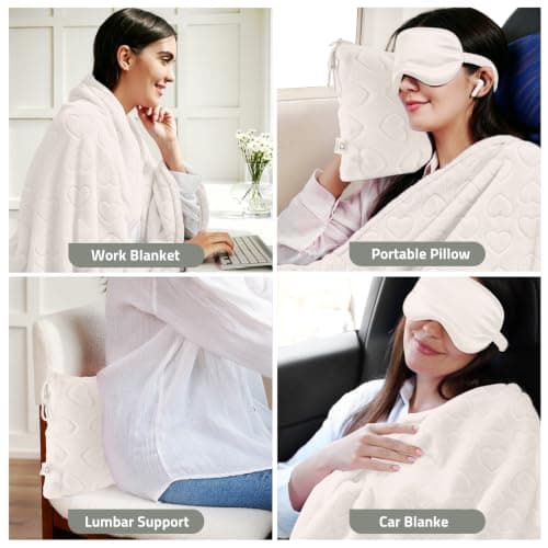 ENZOLVE Travel Blanket, Airplane Blanket, Ultra-Soft, Warm & Lightweight, 65x40 in, Outdoor Blanket Essentials for Women, Men & Kids, Included Eye Mask, Luggage Sleeve & Backpack Clip Heart Cream — view 5