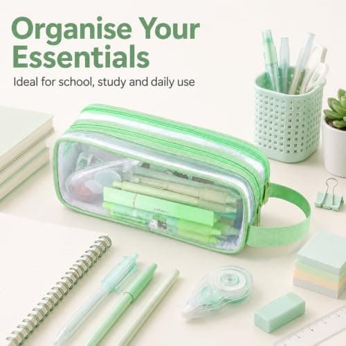 Large Clear Mesh Pencil Case, 2 Compartments, Mint Green, Carry Strap — view 4