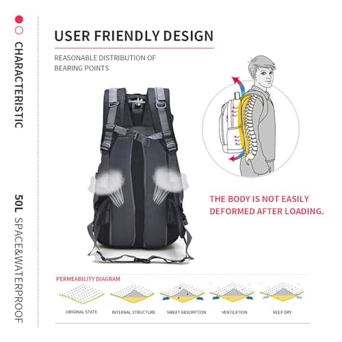 Bseash 50L Hiking Backpack, Water Resistant Lightweight Outdoor Sport Daypack Travel Bag for Camping Climbing Touring (Red - No Shoe Compartment) — view 6