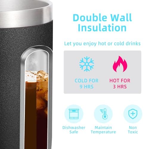 Volhoply 14oz Insulated Stainless Steel Coffee Mug with Leakproof Lid,Double Wall Vacuum Travel Coffee Cup with Handle,Reusable Metal Tumbler,Camping Mugs Keep Hot/Cold,Christmas Gifts(Black,1 — view 3