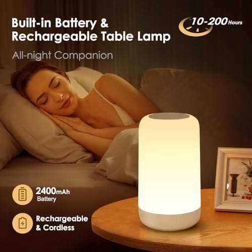 PIKOY Rechargeable Lamp, RGB & 10 Brightness LED Touch Night Light, 2400mah Cordless Battery Lamp for Bedroom & Portable Touch Lamps Bedside, Fun Gifts for Women, Baby, Kids, Bedroom, Living Room — view 3