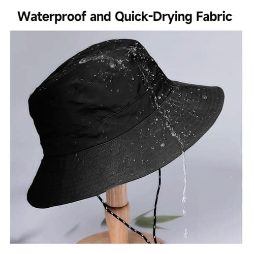 Waterproof Bucket Hat for Men and Women, Foldable Boonie Sun Hat with Wide Brim, UPF 50+ UV, Adjustable Chin Strap, Quick Dry Rain Hat for Fishing, Hiking, Camping, Travel and Outdoor Use (Black) — view 3