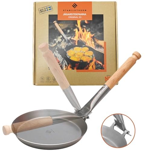Stabilotherm JÄGARSTEKPANNA Original Carbon Steel Frying Pan with Foldable Birch Handle, for Outdoor Indoor Cooking, Camping, Travel-Friendly