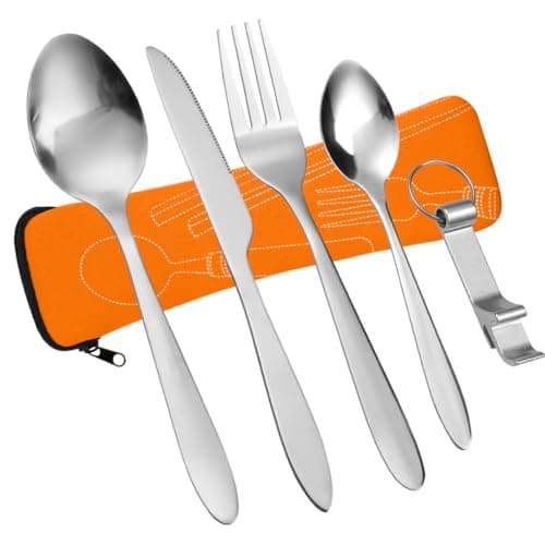 Vicloon 5PCS Stainless Steel Flatware Set with Bottle Opener, Travel Cutlery Set Spoon Knife and Fork with Storage Bag for Camping Picnic Office School Lunch, Orange