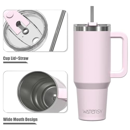 WATERSY Travel Mug Coffee Cup 40oz Tumbler Straw Lid and Handle, Stainless Steel Double Wall Vacuum Insulated Coffee Water Bottle Thermal for Cold Hot Coffee 1182ml Rose Quartz — view 3