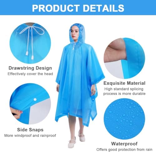 flintronic 2PCS Waterproof Poncho Adult, Reusable Rain Ponchos, EVA Rain Poncho, Lightweight Waterproof Raincoat with Hoods, Rain Cover Poncho for Camping, Hiking Travel Men Women (Blue) — view 4