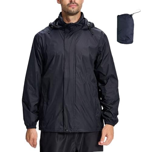 LZLER Mens Waterproof Jackets Lightweight Packable Windproof Rain Jacket Adjustable Hooded Raincoat for Outdoor Hiking Fishing Camping(Black,L)