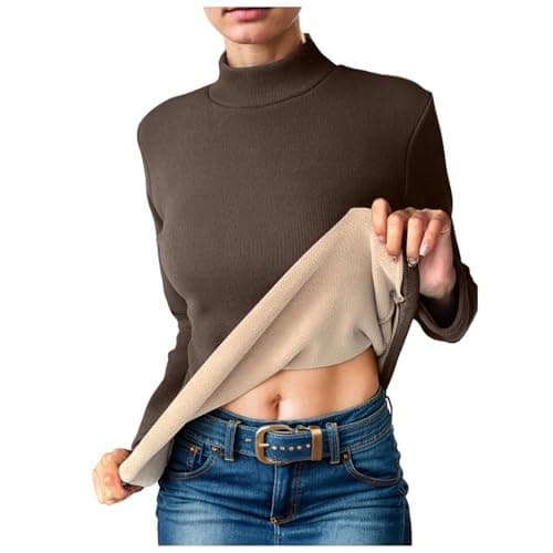 Longra Thermal Pullover Long Sleeve Top Women Stretchy Ladies Turtle Neck Thermals Jumpers T Shirt Base Layer Thermal Underwear Warm Fleece Shirt Winter Thermals Wear for Women Coffee — view 2