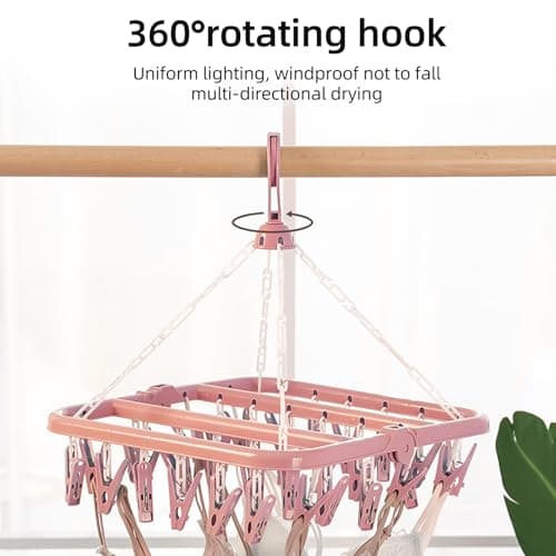hautllaif Clothes Drying Hanger with 32 Clips, Foldable, Pink — view 3