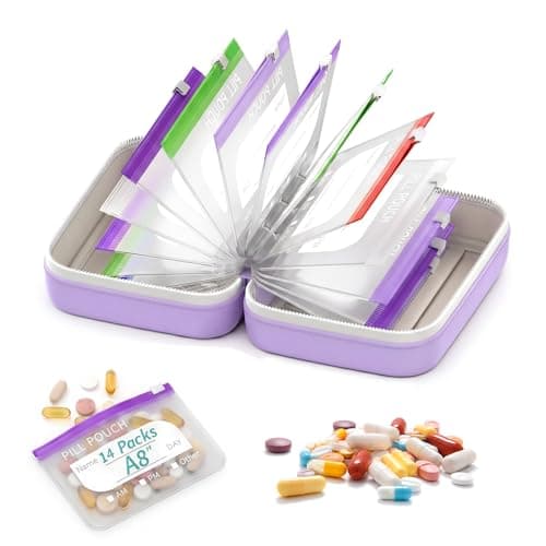 A8 Waterproof Pill Pouch Set, Weekly Pill Organiser with 14 Colour-Coded Pouches, Reusable Travel Medication Storage Binder, Portable Zip Pill Case for Vitamins, Fish Oil and Tablets-Purple — view 2