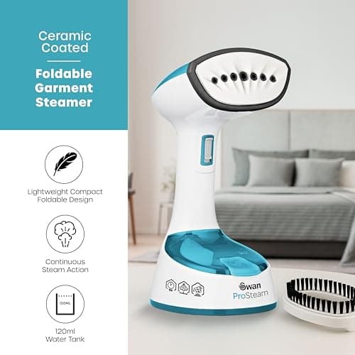 Swan SI12030N Foldable Garment Steamer with Removable Brush Attachments, Lightweight, 120ml Water Tank, 1470 Watts, White and Blue — view 2