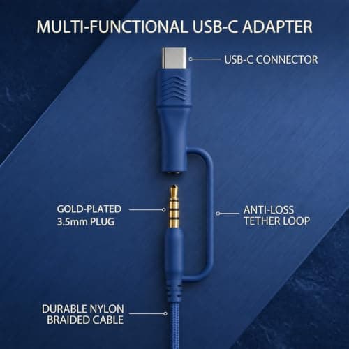 Zollexa Wired Over-Ear Headphones, Mic, 3.5mm, USB-C Adapter, Dark Blue — view 2