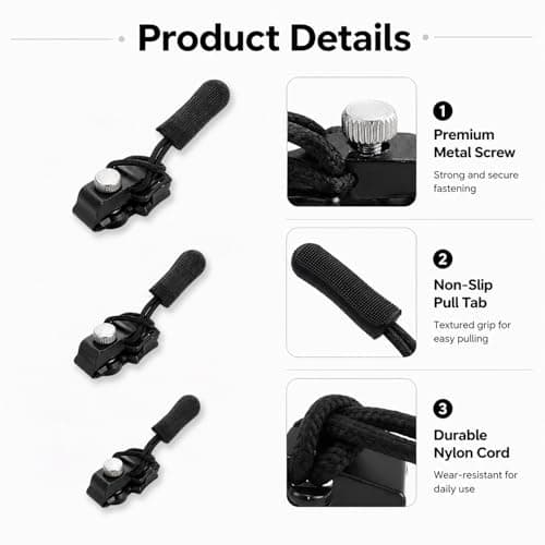 QIHAWN 9Pcs 3 Sizes Zipper Repair Kit, Black Metal Pulls for Bags Jackets — view 3