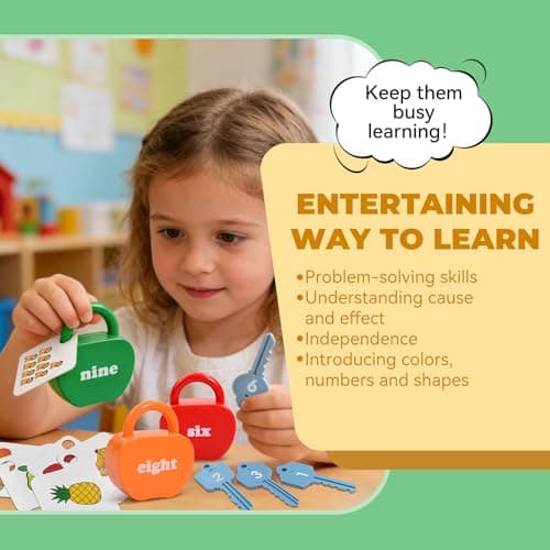 GEERAY Cause and Effect Toys for Toddlers 3 4 5, Montessori Lock & Key Set with 10 Apple-Shaped Locks, Keys & 20 Cards Numbers Matching & Counting, Preschool Learning Games Gifts — view 4