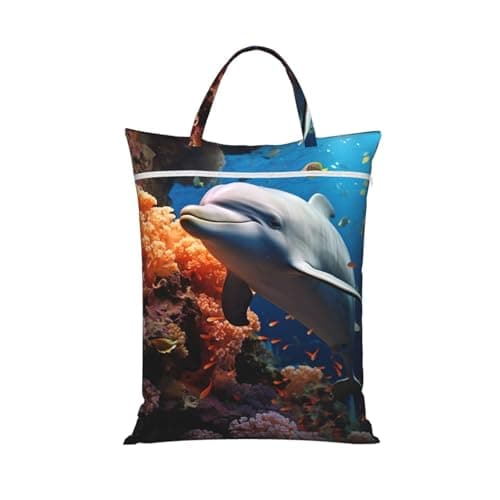 Dolphin On Coral Travel Laundry Bag for Dirty Clothes 1 PC, Foldable Waterproof Washable Wet Dry Bag with Handle Zippered Hanging Laundry Hamper for Travel, Gym, Swimming Pool