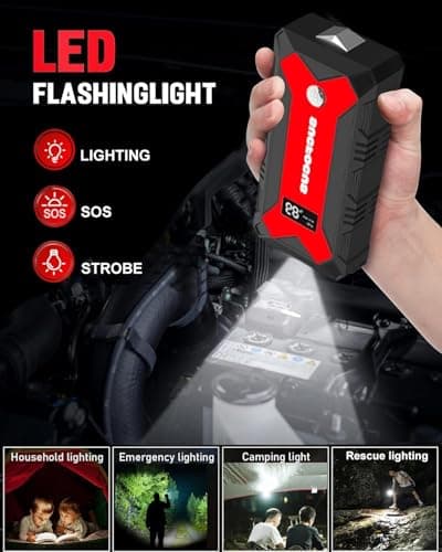 Jump Starter Power Pack, 4000A Car Battery Booster Jump Starter for 12V Vehicles and Motorbikes (9.0L Petrol or 8.5L Diesel), Car Jumper Starter Power Bank with Jump Leads, LED Light/USB QC3.0 (Red) — view 5