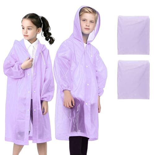 WOHSEROM 2 Pack Rain Ponchos for Kids Reusable,Thickened EVA Travel Raincoat Jacket with Hoods and Sleeves,Lightweight Light Purple Capes Ponchos for Boys and Girls Outdoor Camping Travel