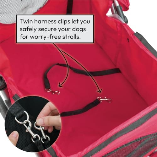 KCT Hooded Foldable Pet Dog Cat Stroller Red- 4 Wheel Travel Carriage with Safety Leash, Canopy, Cup Holder, Storage Tray — view 6