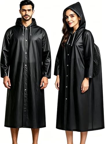JXJIUA Rain Poncho Raincoats for Adults Men/Women, 2 Pack Reusable Rain Jacket Rainwear with Hoods and Sleeves, Waterproof for Emergency, Outdoors, Camping (Black)