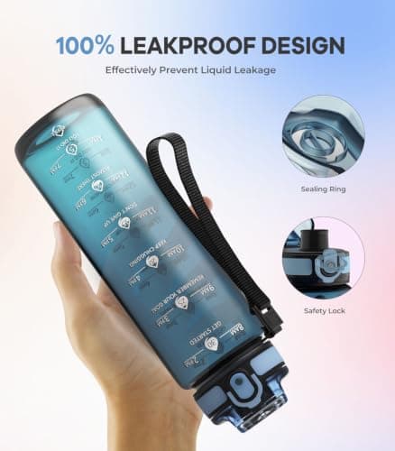 Gylinm 1L Water Bottle Made of BPA-Free Tritan Material, Sports Water Bottle with Removable Straw & Hydration Time Markerings, Ideal for Gym, Travel, Home, School and Outdoor Activities - Dusty-Blue — view 4