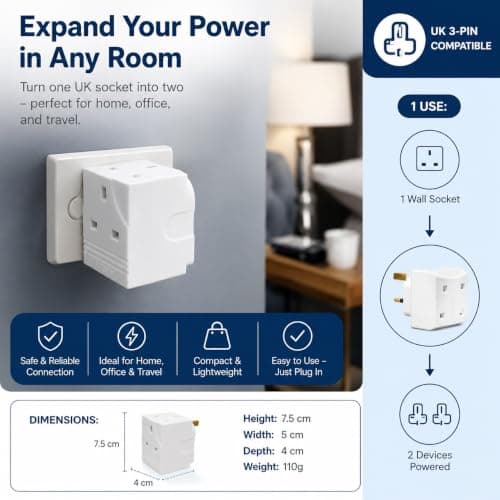 3 Way 3 Pin Power Plug Adaptor 2 Pack 13A Fused Cube Multi 3 pins Wall Socket Splitter Extension 250V Power Extender portable UK Plug for Home Office — view 3