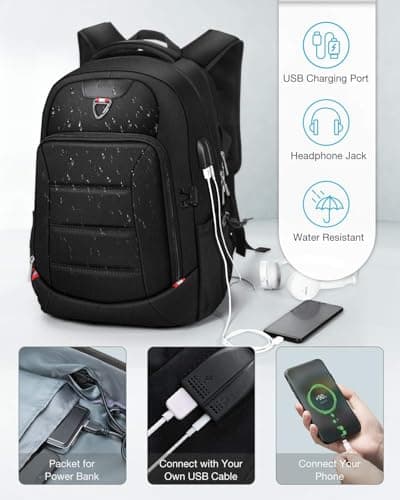 HOMIEE Travel Laptop Backpack Mens,17.3 Inch Laptop Rucksack,Womens Large Daypack Anti-Theft Business Work Computer Bag with USB Charging Port 38L Waterproof College School Bag Black — view 6
