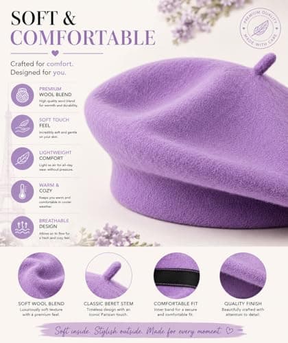 ITRAT Women's Beret Hat – Classic French Style Beret for Women, Soft Warm Wool Blend Ladies Fashion Hat, Elegant Parisian Winter Autumn Cap for Casual, Travel & Everyday Wear (Purple) — view 3