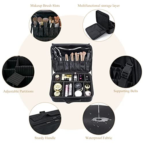 Makeup Organiser Bag Make up Case: Large Travel Cosmetic Case Organiser Professional Portable Makeup Storage Bag for Toiletry Make Up Artist Tool Brush Vanity Beauty Box with Adjustable Dividers — view 6