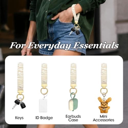 AJEFF Wristlet Keychain for Women, Scrunchie Lanyard Key Strap with D Ring, Stretchy Wristlet, Removable Key Holder Keyring, Phone Charm Tether Tab, Beige — view 6