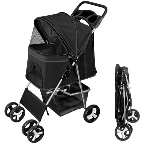 display4top Pet Travel Stroller Dog Cat Pushchair Pram Jogger Buggy with 4 Wheels (Black)