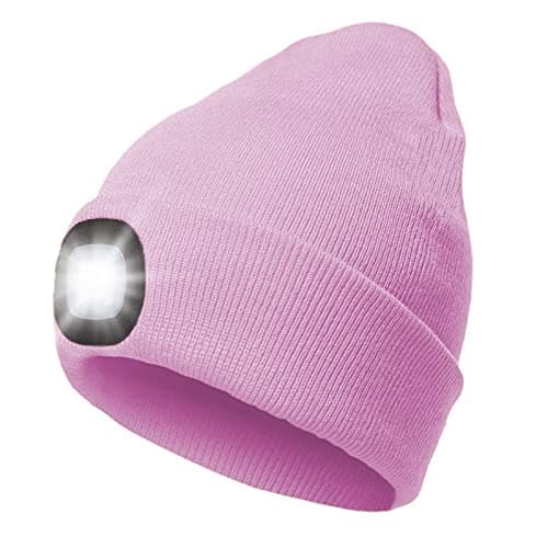 RFWIN LED Beanie Hat Lighted Knit Hat Rechargeable LED Headlamp, Pink Warm Lighted Knit Hat for Night Activities, Camping, Grilling, Running, Walking